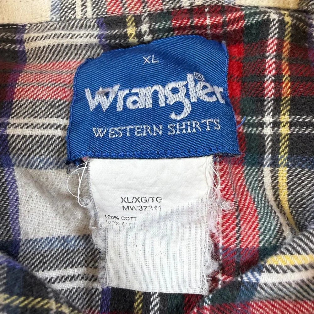 Wrangler Mens XL Red Plaid Flannel Western Pearl Snap Shirt Long Sleeve Vintage